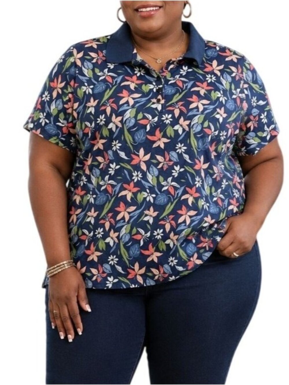 Lands End Plus Size 2X Top Floral Navy Polo Shirt Short Sleeve Button-Up Casual